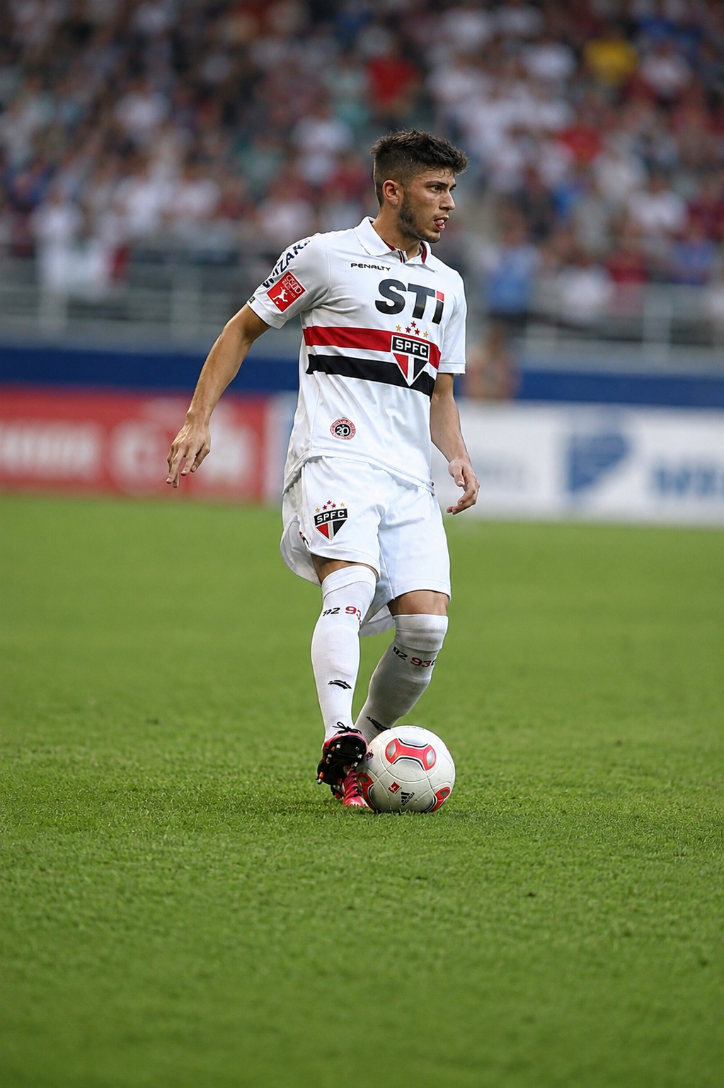 Jogador profissional do São Paulo FC em campo conduzindo a bola